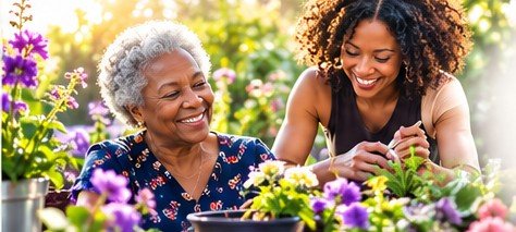 Older adult and family member enjoying gardening together